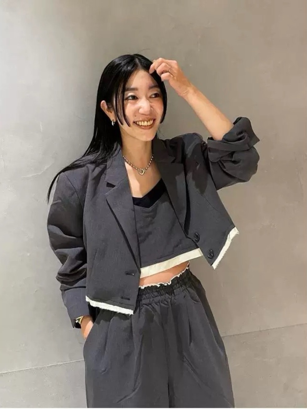 Chic Charcoal Cropped Blazer Set | Korean Minimalist Wide Leg Suit Set